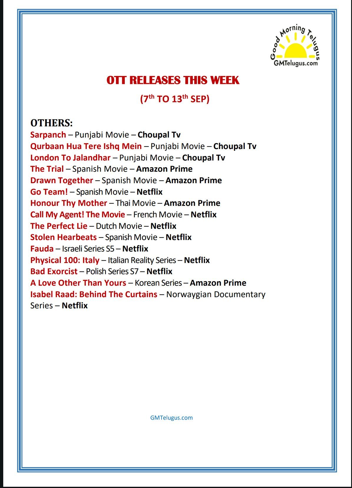 OTT Releases This Week (7th to 13th September) - Others